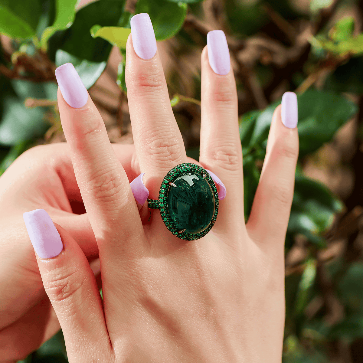 36.85 Carat Cabochon Emerald and Tsavorite Garnet Halo Ring