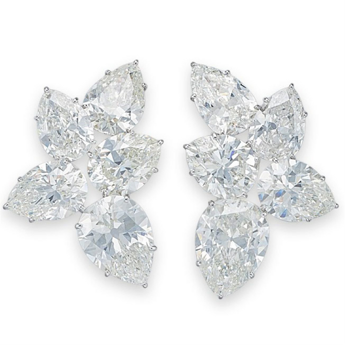 Pair Of Platinum & Diamond Cluster Ear Clips By Harry Winston