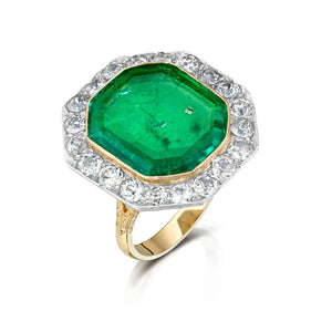 10.41 Carat Antique Colombian Emerald and Diamond Ring
