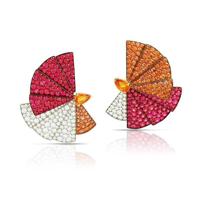 Orange Sapphire and Red Spinel Fan Earrings