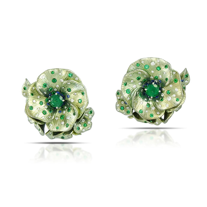 Green Titanium, Emerald, and Diamond Floral Earrings