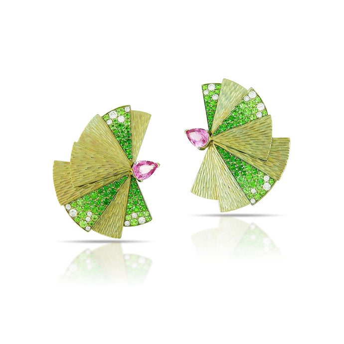 Pink Sapphire, Tsavorite Garnet, and Diamond Fan Earrings