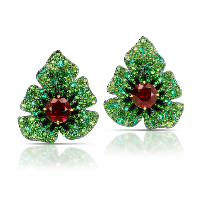 Rhodolite Garnet, Emerald, and Tsavorite Garnet Leaf Earrings
