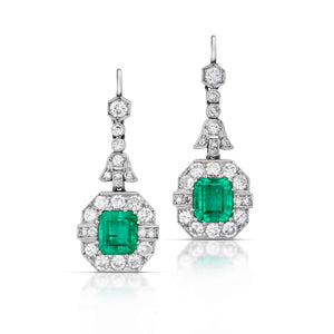 3.40 Carat Antique Emerald and Diamond Drop Earrings