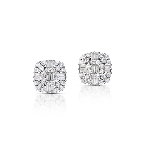 1.69 Carat Baguette and Round Diamond Cluster Stud Earrings