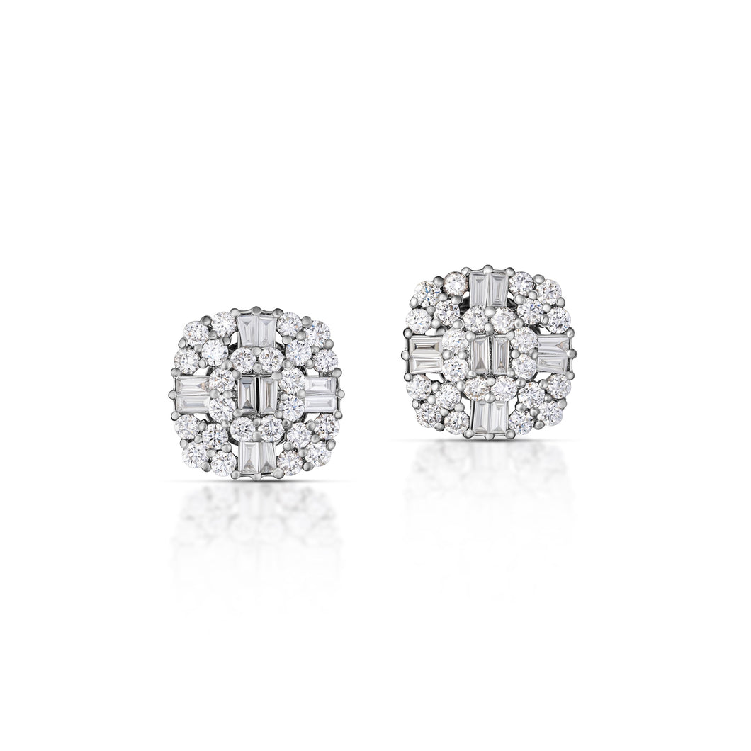 1.69 Carat Baguette and Round Diamond Cluster Stud Earrings