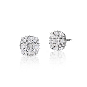 1.69 Carat Baguette and Round Diamond Cluster Stud Earrings