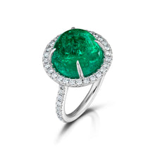 9.84 Carat Colombian Cabochon Emerald and Diamond Halo Ring