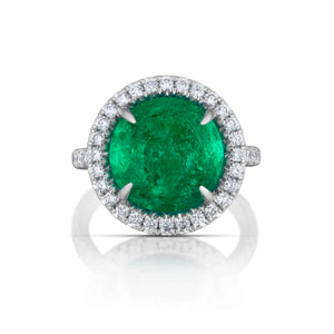 9.84 Carat Colombian Cabochon Emerald and Diamond Halo Ring