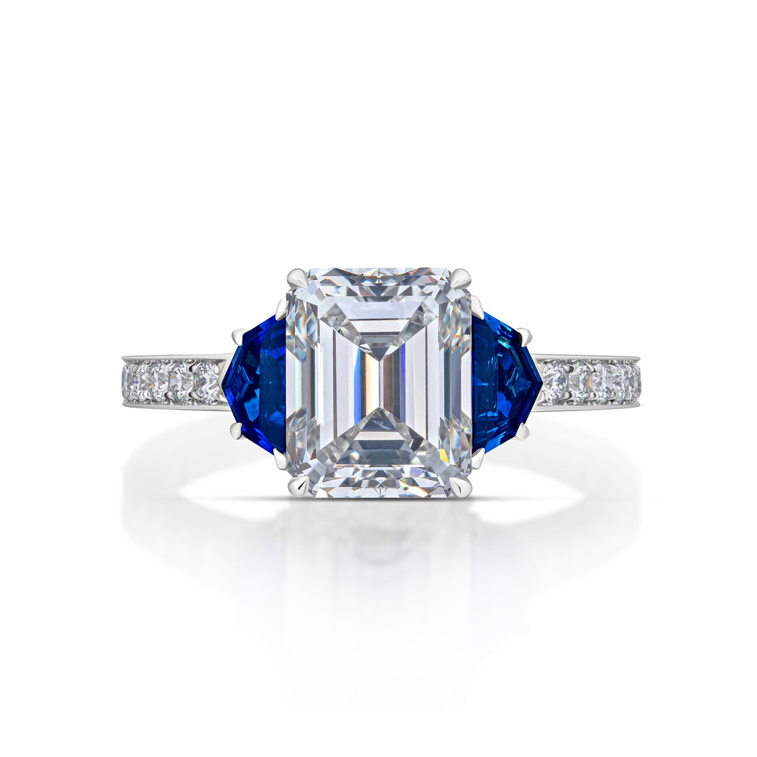 2.76 Carat Emerald Cut Diamond and Sapphire Ring