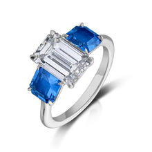 3.01 Carat Emerald Cut Diamond and Sapphire Three Stone Ring