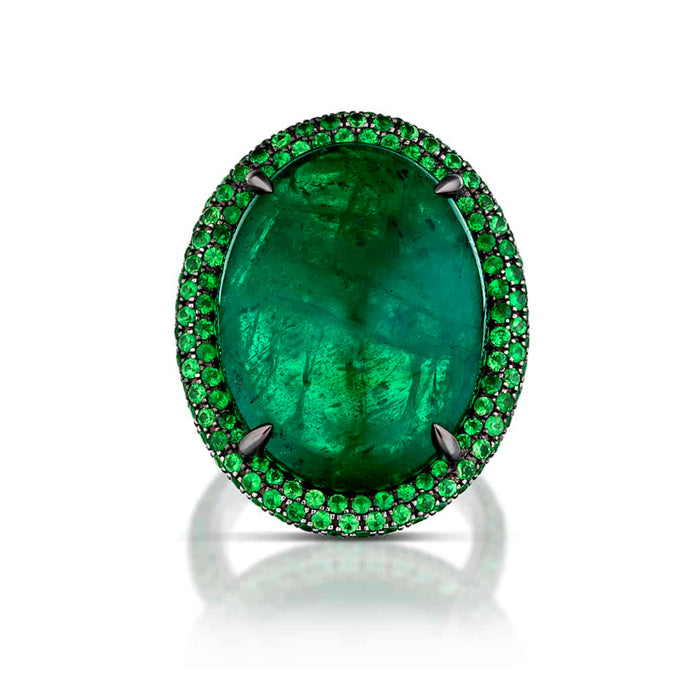 36.85 Carat Cabochon Emerald and Tsavorite Garnet Halo Ring