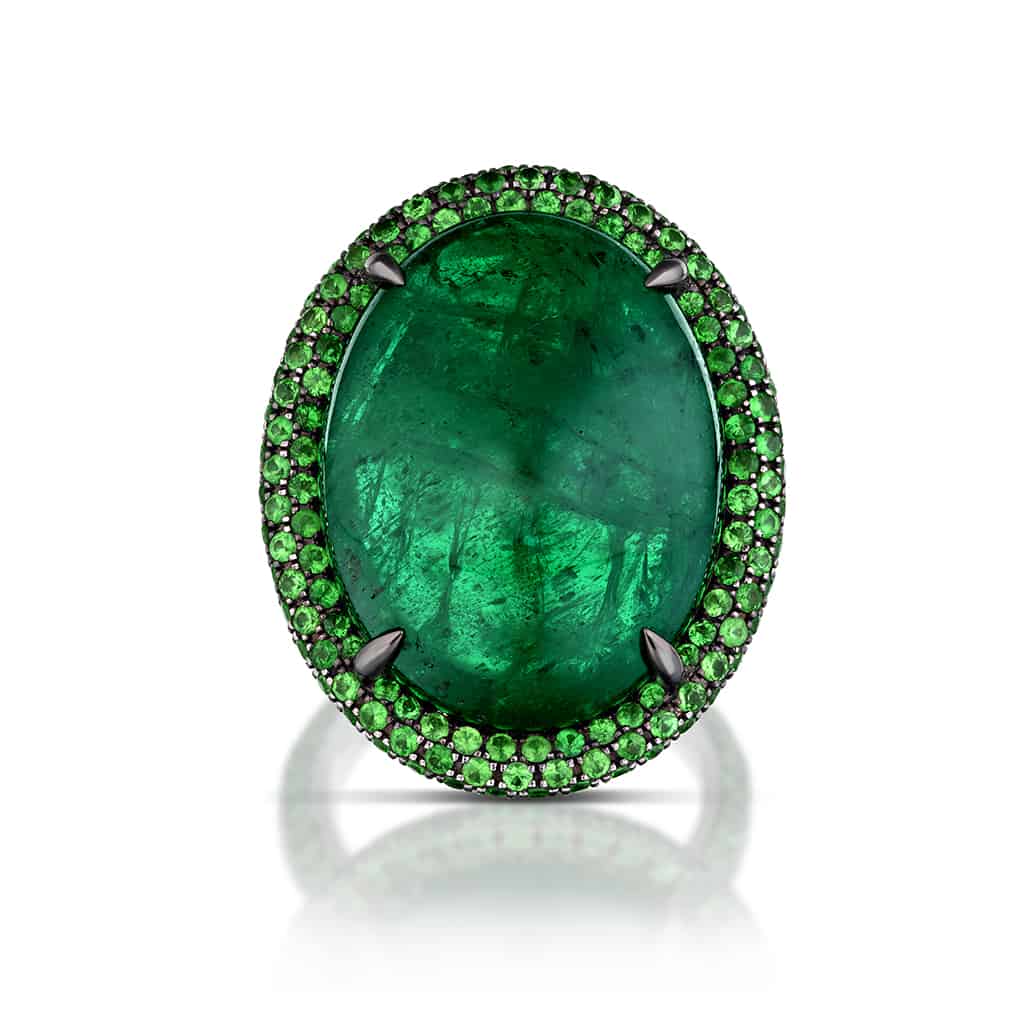 36.85 Carat Cabochon Emerald and Tsavorite Garnet Halo Ring