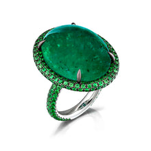 36.85 Carat Cabochon Emerald and Tsavorite Garnet Halo Ring