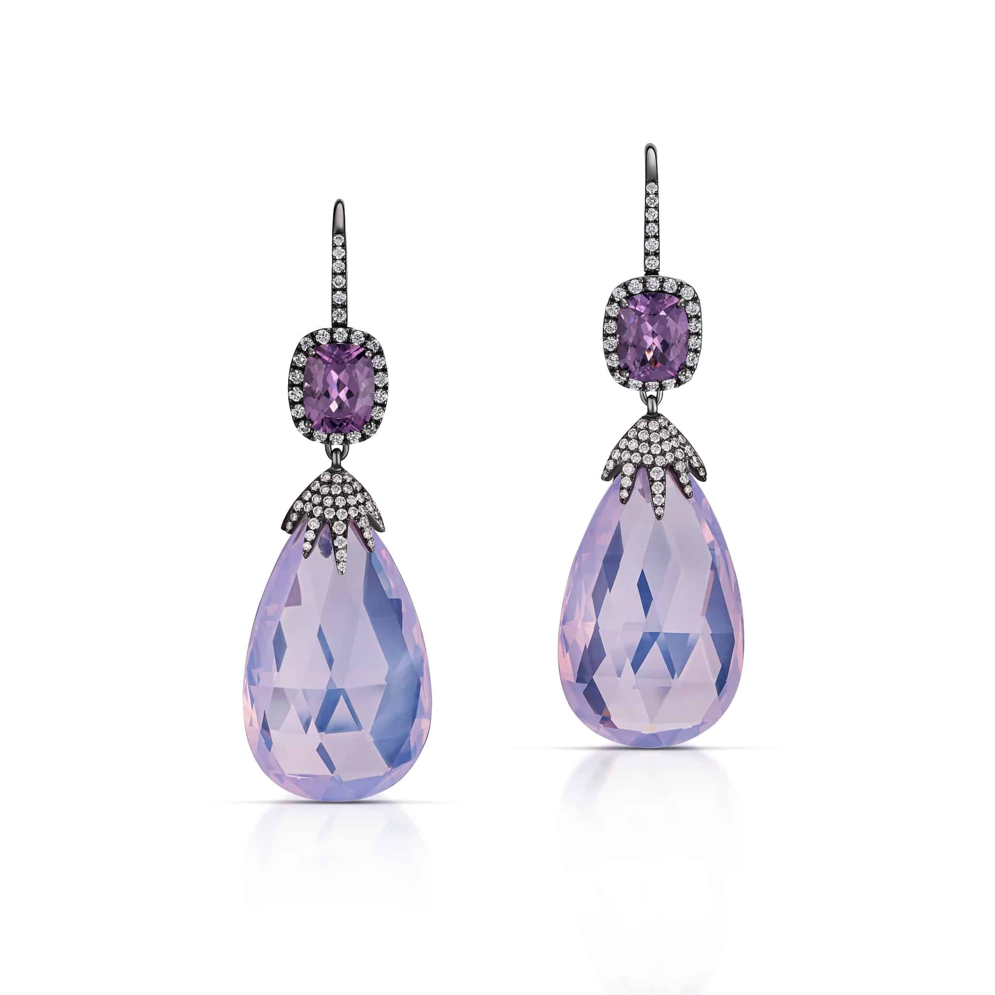 53.09 Carat Lavender Moon Quartz and Spinel Drop Earrings