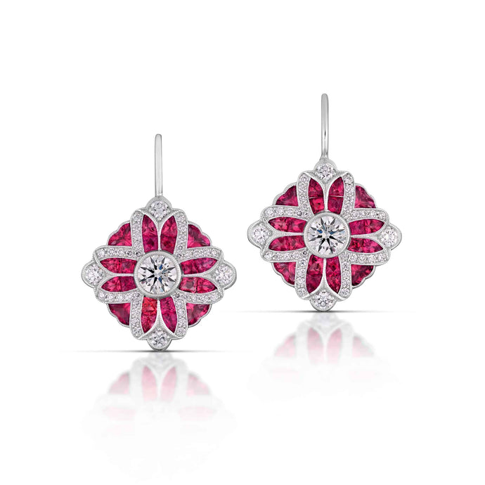 0.65 Carat Art Deco Style Diamond & Ruby Earrings