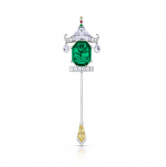 Emerald, Fancy Vivid Yellow Diamond, and White Diamond Pagoda Jabot Pin