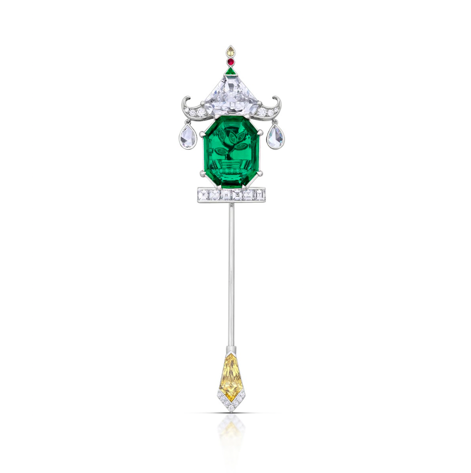 Emerald, Fancy Vivid Yellow Diamond, and White Diamond Pagoda Jabot Pin