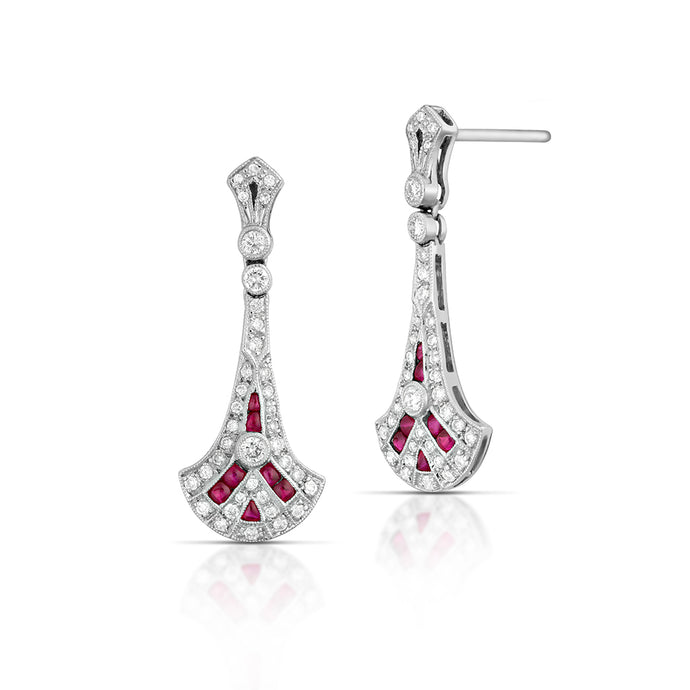 1.00 Carat Diamond and Ruby Art Deco Style Earrings