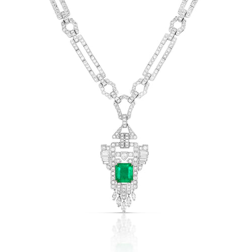 6.93 Carat Emerald and Diamond Art Deco-Style Necklace