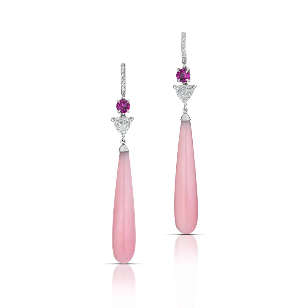 Pink Opal, Sapphire and Diamond Drop Earrings