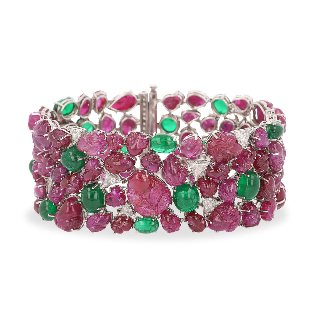 Platinum Carved Ruby and Emerald Bracelet