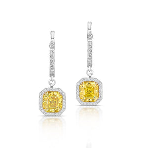 4.31 Carat Fancy Vivid Yellow Diamond Halo Drop Earrings