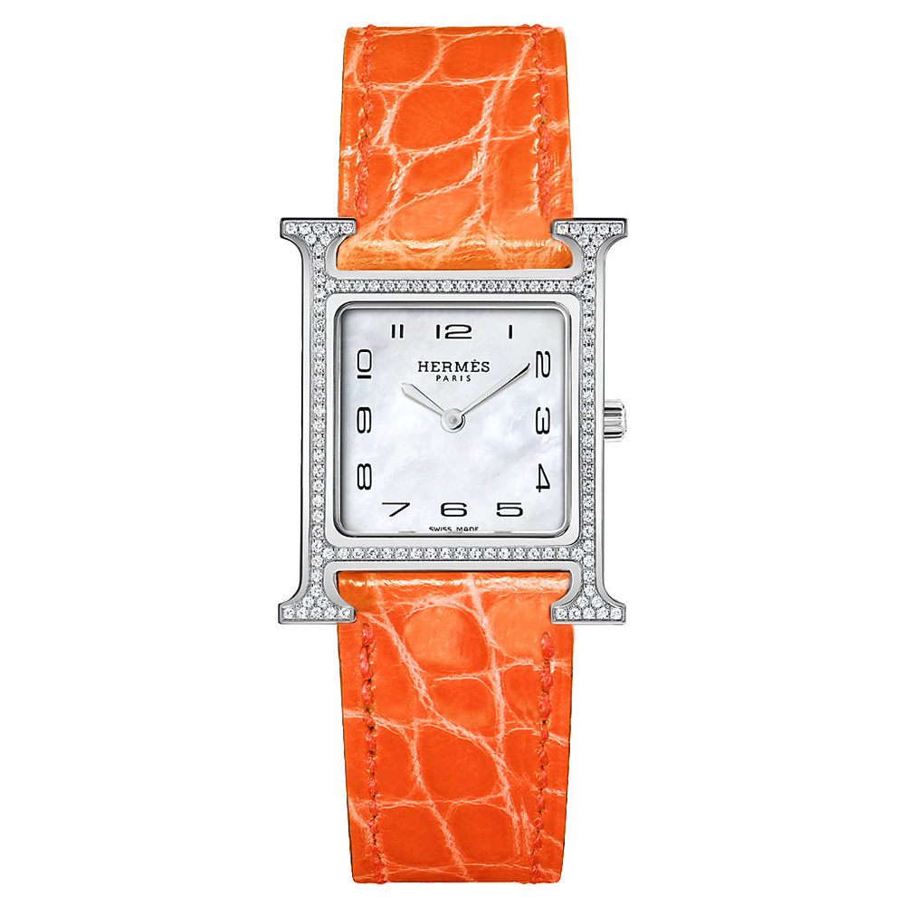 Hermes Heure H with Diamonds and Orange Leather Strap