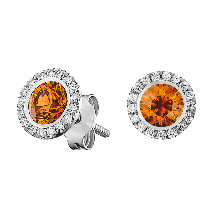 Orange Diamond Halo Stud Earrings
