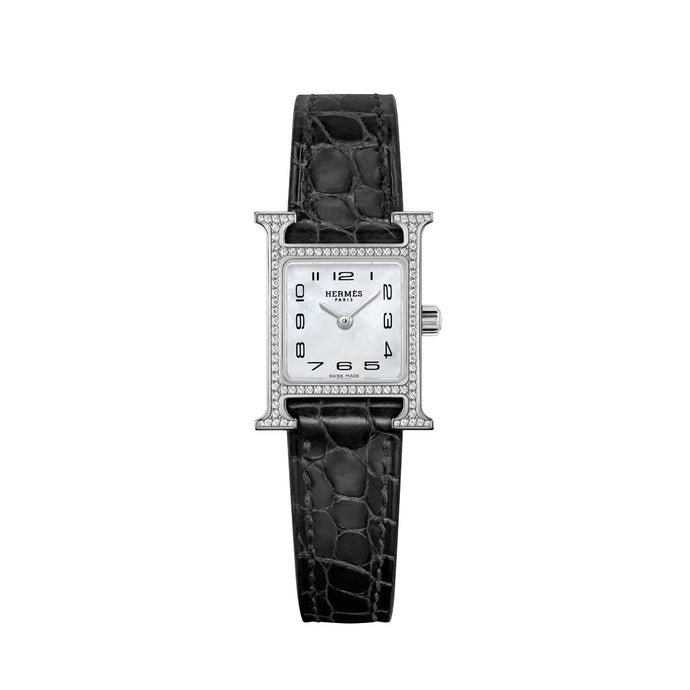 Hermes Heure H in Stainless Steel with Diamonds and Black Strap Watch
