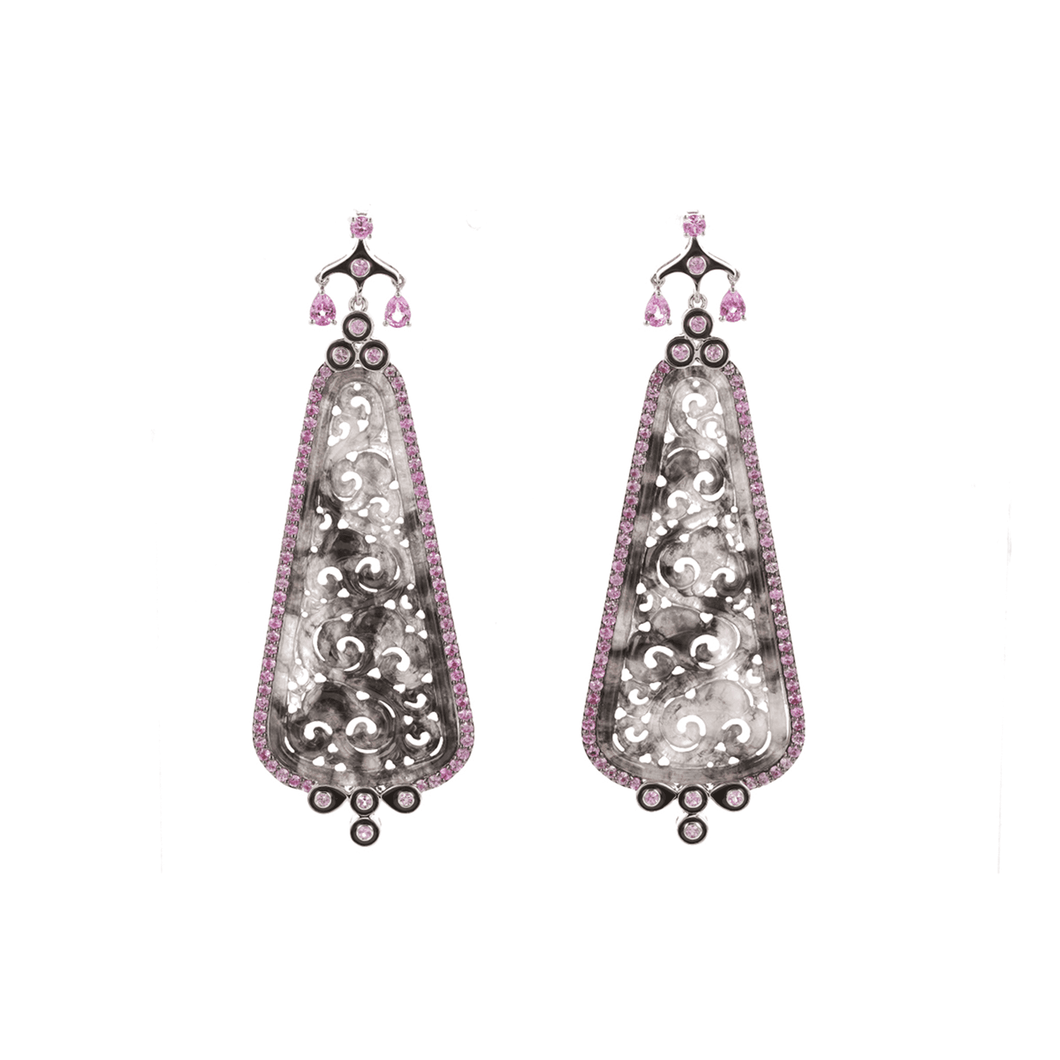 4.13 Carat Pink Sapphire and Carved Jade Earrings